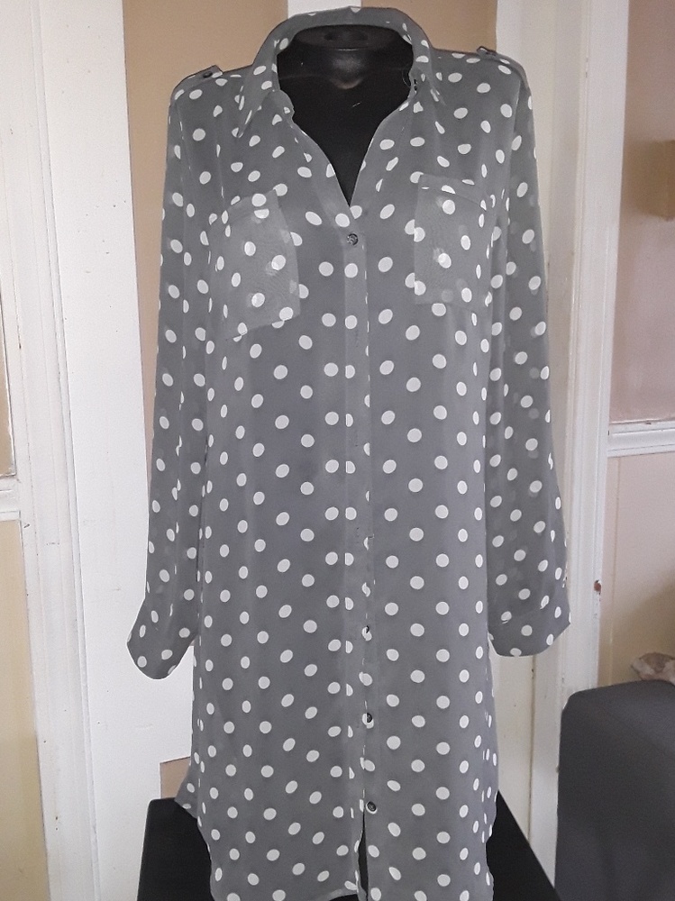 Sheer, long gray polka dot long sleeve blouse
